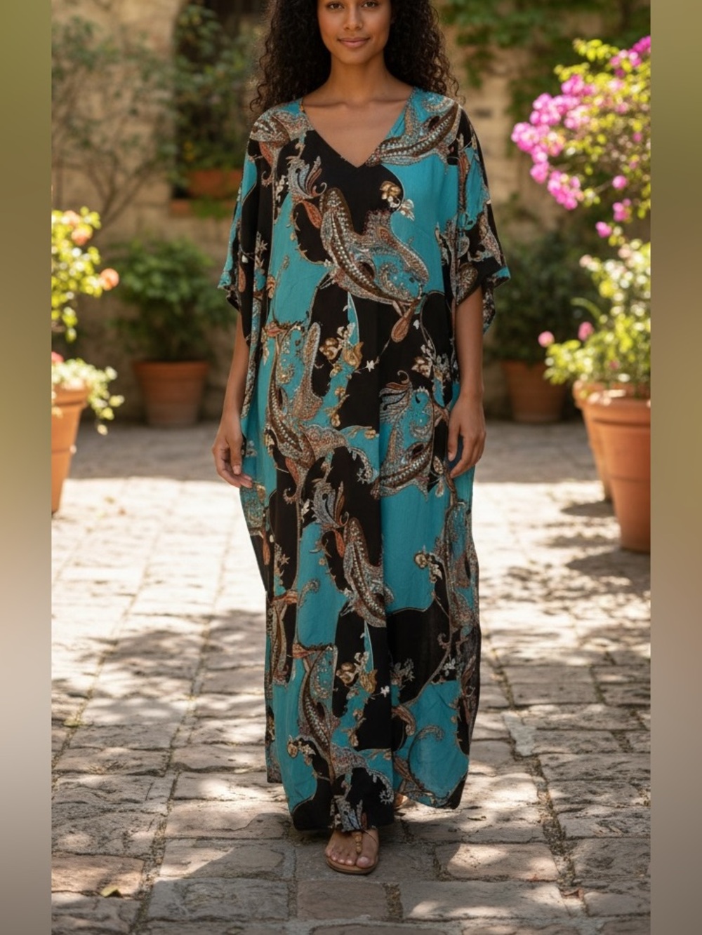 Antthony Black‎ & Teal Boho Kaftan Maxi Dress One Size Flowy Resort Style